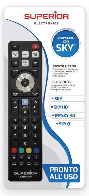 Telecomando compatibile per decoder SKY®-SKYHD®-MYSKY-HD®-SKY-Q® pronto all'uso.compatibile per decoders SKY®-SKYHD®-MYSKY-HD®-SKY-Q®-superior
